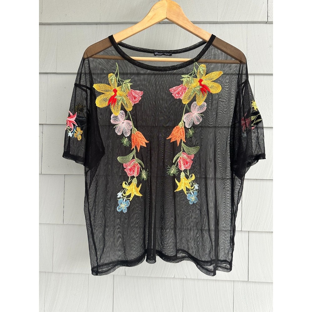 Zara Woman XL Black Sheer Mesh Top Floral Embroidered Oversized Blouse